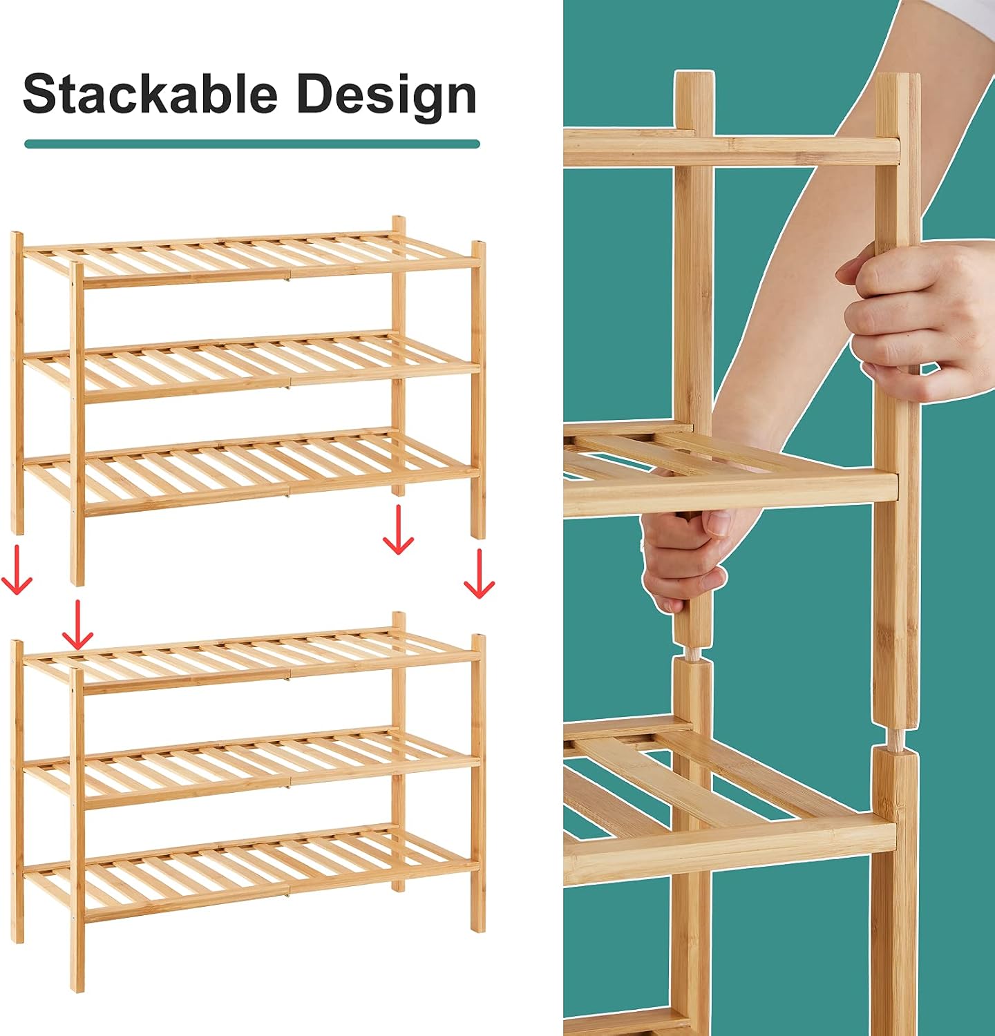 viewcare 3-Tier Black Bamboo Shoe Rack for Entryway, Stackable | Foldable | Natural, Shoe Shelf Storage Organizer for Hallway Closet, Free Standing Shoe Racks for Indoor Outdoor