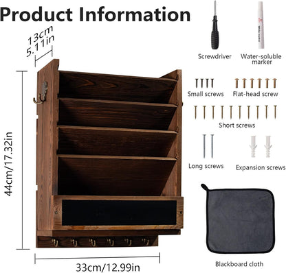 Rustic wall mail organizer,Key and Mail File Holder for Wall Mount，with 6 Key Hooks 2 Double Key Hooks A blackboard,for Home,Office, Classroom,Entryway Decor (brown)