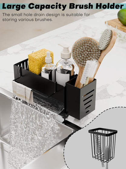 Kitchen Sink Caddy Organizer, Sponge Holder for Kitchen Sink with Upgraded Extra-Wide Drain Board, Efficient Drainage, Stainless Steel with Rust-Resistant Coating