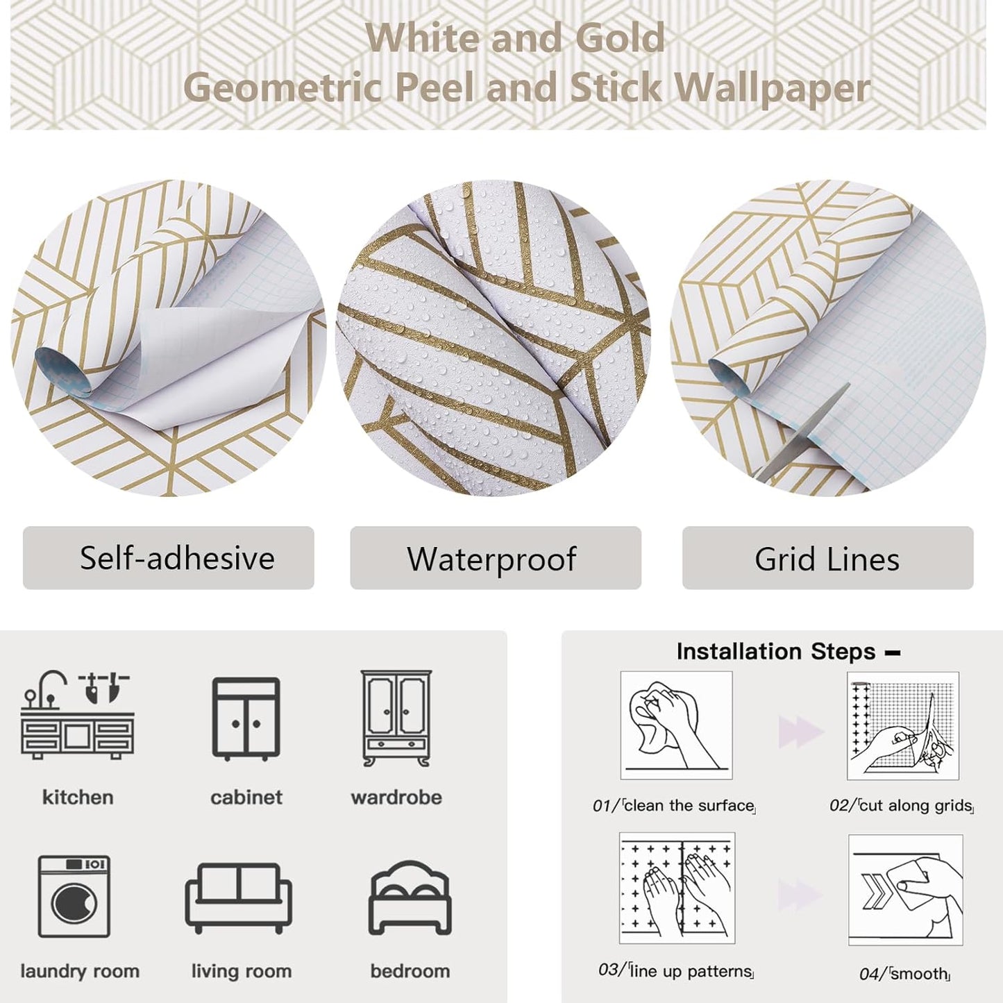 CiCiwind Wallpaper Peel and Stick Modern White and Gold Contact Paper Peel and Stick Geometric Removable Self Adhesive Wall Paper for Bedroom Renter Friendly Papel Tapiz para Pared 15.7"x118"