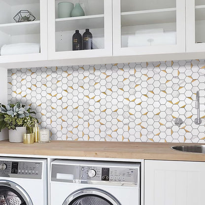 STICKGOO Peel and Stick Backsplash for Kitchen, Self-Adhesive Tile Hexagon Mosaic Tiles (10 Sheets, White Marble with Metal Gold )