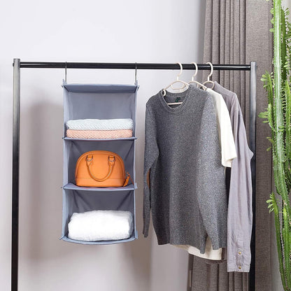 Hanging Closet Organizer 3-Shelf, Oxford Fabric Wardrobe Storage, Gray | Easy-mount foldable design holds clothes, handbags, shoes & accessories; washable Oxford fabric, sturdy and space-saving.