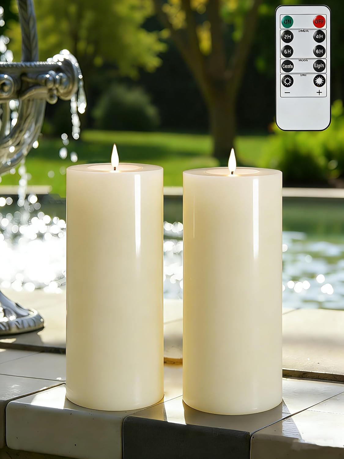 Gmnee 3"x6" Outdoor Waterproof Flameless Candles with Remote and Timers, LED Candles, Battery Operated Candles, Electric Fake Pillar Candles for Patio, Porch, and Lanterns Decor (White, Plastic)