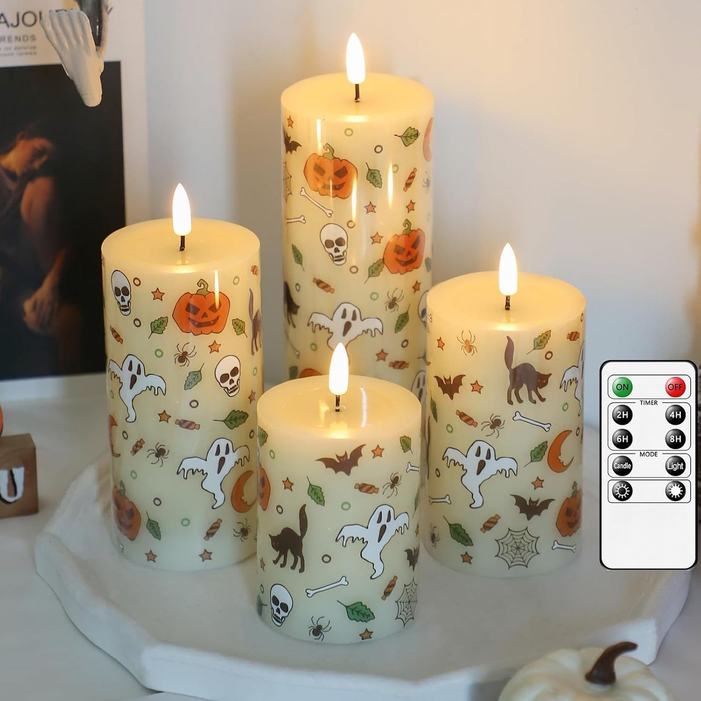 Lezonic Ivory LED Flameless Candles with Remote Timer, 4 Pack Battery Operated Candles Flickering, Grease Design Real Wax Pillar for Wedding Decor, Centerpiece, Birthday Gifts (4/5/6/8 Inch)