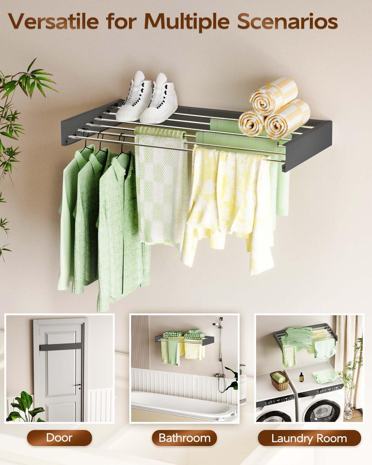 Vikaqi Wall Mounted Clothes Drying Rack 32", Foldable Wall Mount Laundry Rack Folding Indoor, Drying Rack Clothing Collapsible, Hidden Space Saver with Wall Template, 5 Rods, White