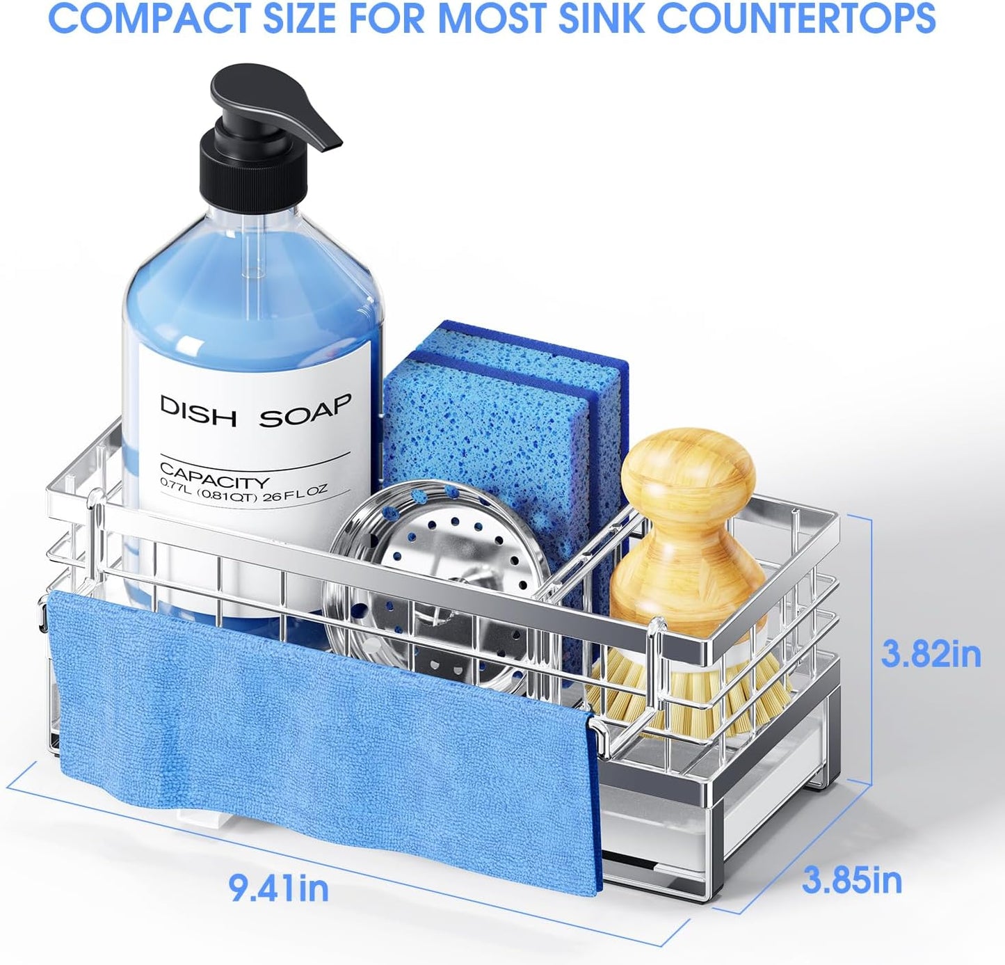 Kitchen Sink Sponge Holder, Rustproof Non-Slip Self-Draining Metal Sink Caddy with Detachable Dish Cloth Holder (Black)
