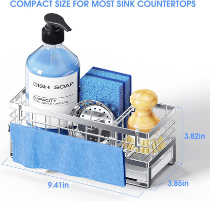 Kitchen Sink Sponge Holder, Rustproof Non-Slip Self-Draining Metal Sink Caddy with Detachable Dish Cloth Holder (Black)