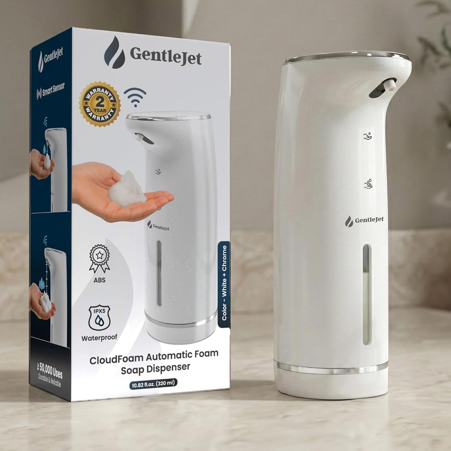 GentleJet Cloudfoam Automatic Foaming Soap Dispenser – Touchless Foam Dispenser for Kids & Family, Soft Rich Foam, USB-C Rechargeable, No-Clog Design, IPX5 Waterproof, 320 ml
