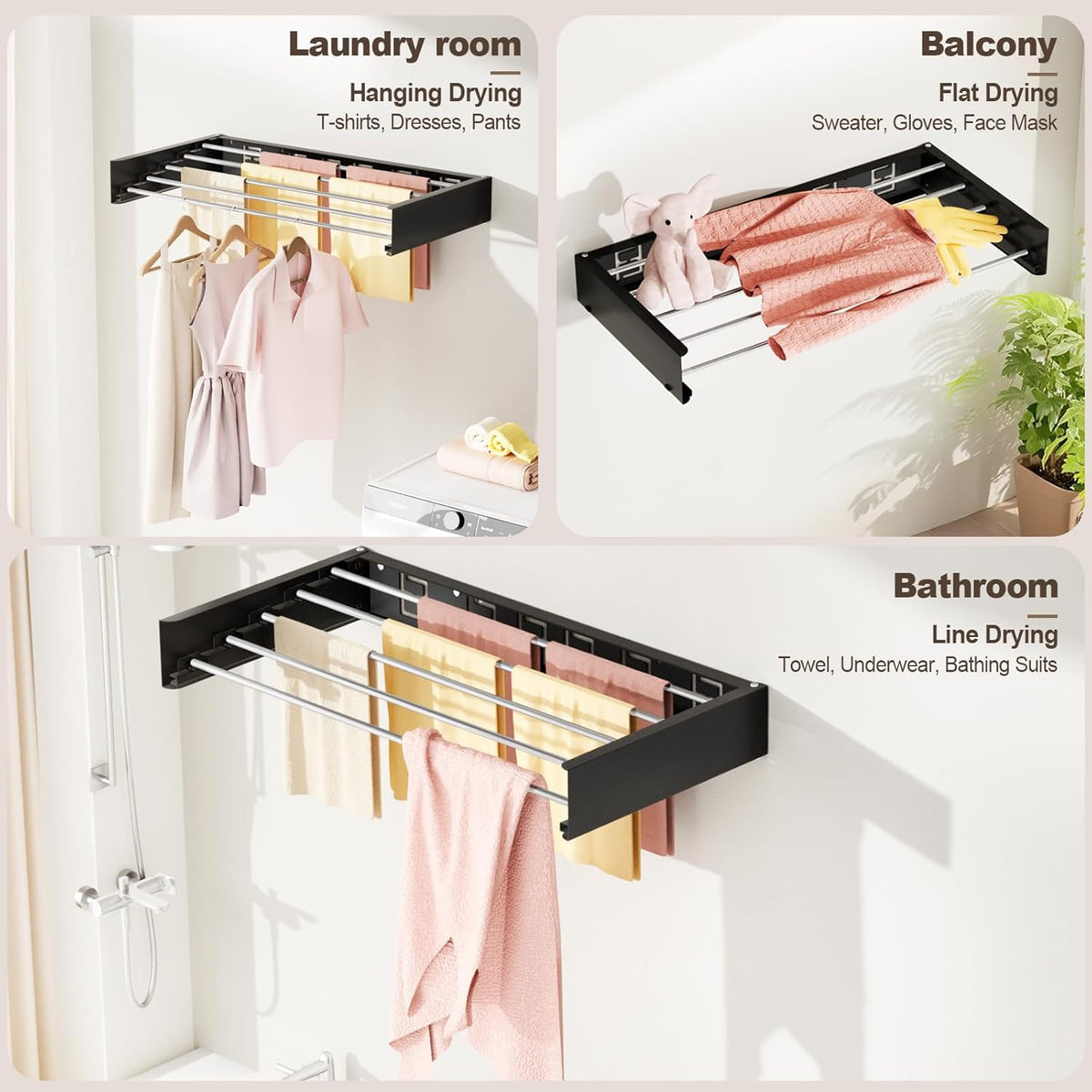 Wall Mounted Clothes Drying Rack Folding Indoor, Foldable Laundry Drying Rack Collapsible,Invisible, Space Saving, Retractable Towel Drying Rack, with Wall Template(5 Drying Rods, White 32")