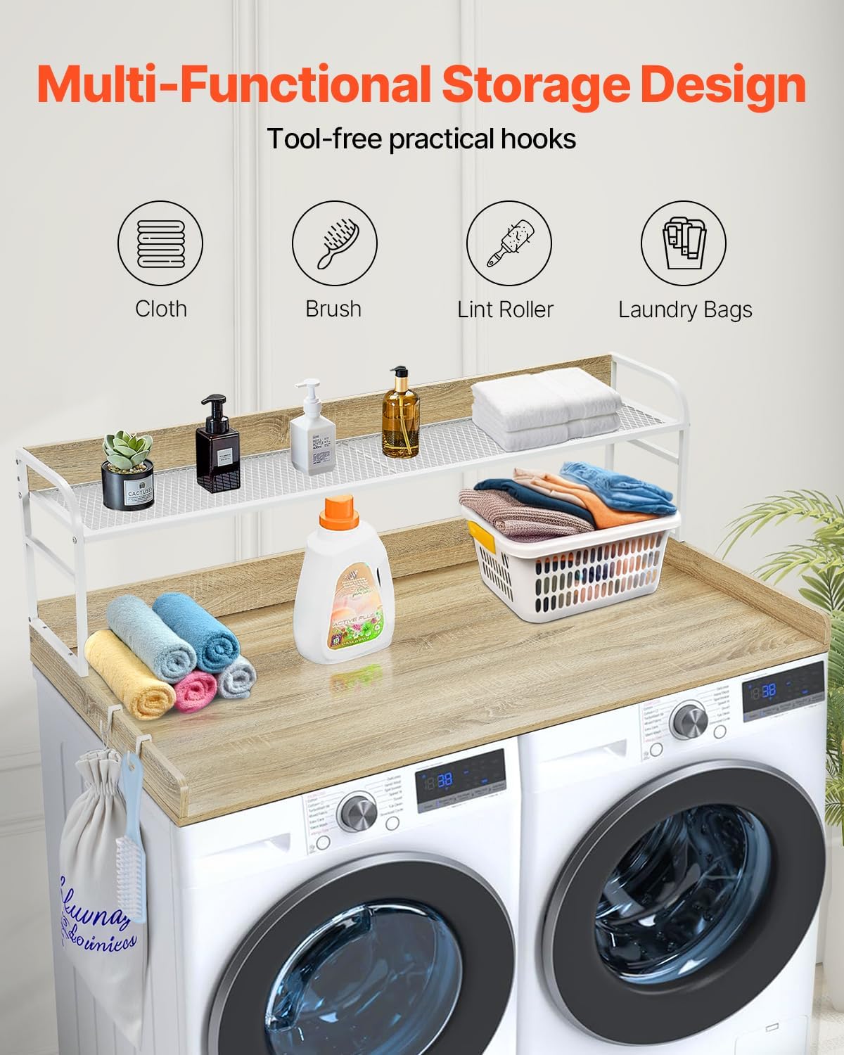 VEVOR Washer Dryer Countertop with 2-Tier Shelf, 54" x 27" Wooden Washer and Dryer Countertop with Anti-Slip Pads, Water-Resistant Laundry Topper Cover for Laundry Room Organization and Storage, Black