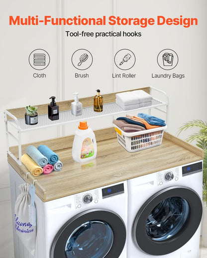VEVOR Washer Dryer Countertop with 2-Tier Shelf, 54" x 27" Wooden Washer and Dryer Countertop with Anti-Slip Pads, Water-Resistant Laundry Topper Cover for Laundry Room Organization and Storage, Black