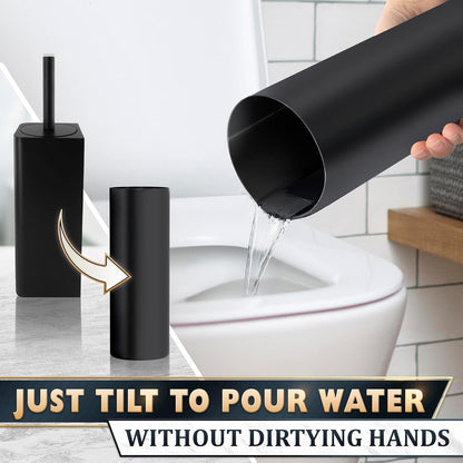 Black Toilet Brush and Holder Set - Slim Matte Design that Fits Anywhere - Stainless Steel Toilet Bowl Brush and Holder with 2 Rounded Corners, Replaceable Head, Removable Inner Bowl & Splash Guard