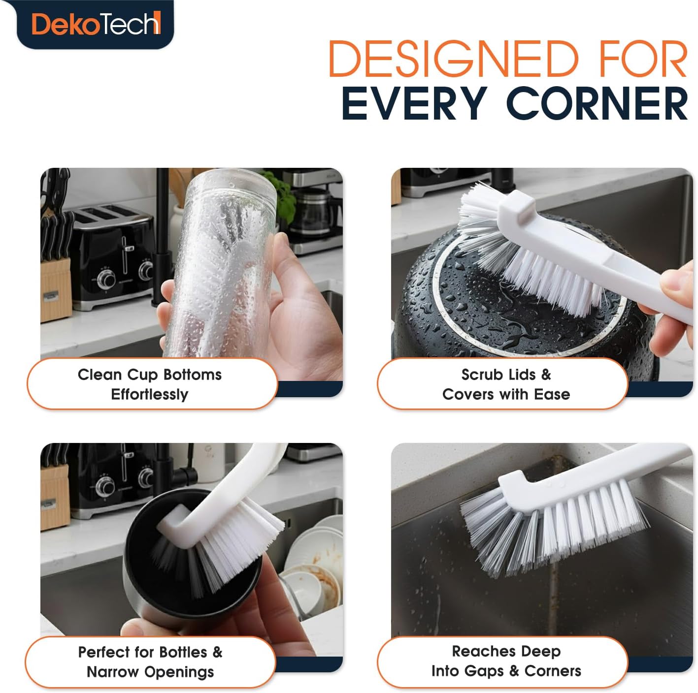 Cleaning Brush for Kitchen and Bathroom – Stiff Bristle Scrub Brush for Bottles, Pots, Pans, Sinks, Edges, Corners, and Tile Grout Lines - Ergonomic Grip & Hanging Design (Pack 2)