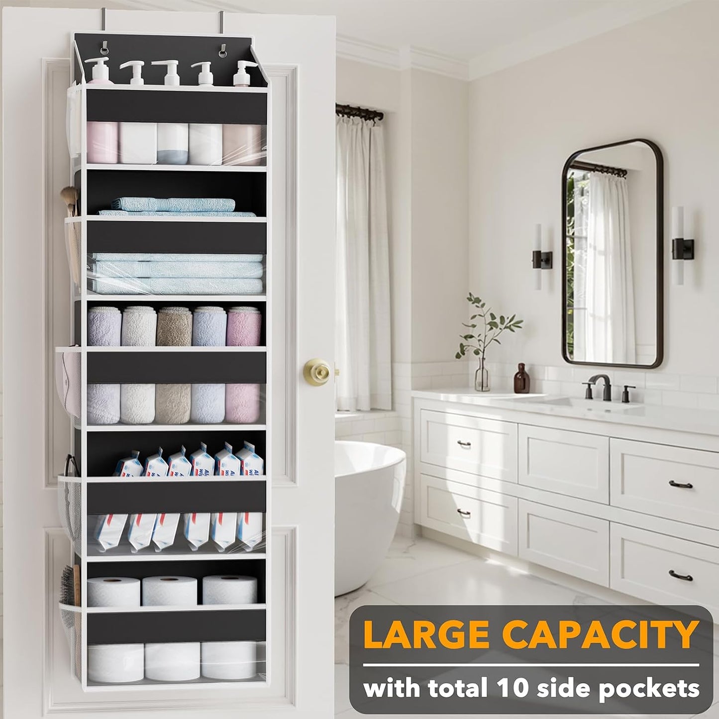 SpaceAid 1 Pack Over The Door Organizer with 5 Large Pockets and 10 Mesh Side Pockets, 5 Layers Door Organizer Hanging with Clear Window for Bedroom, Bathroom, Pantry and Nursery, Gray