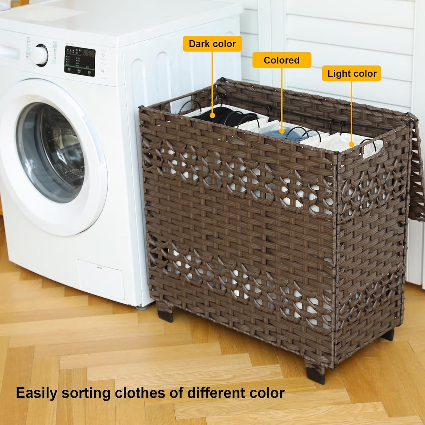 OIAHOMY Laundry Hamper with Lid, 140L Clothes Hamper with 3 Removable Liner Bags, Foldable Basket with Lid, Synthetic Wicker Laundry Basket for Bedroom, 27x 13 x 26 Inches, Yellow
