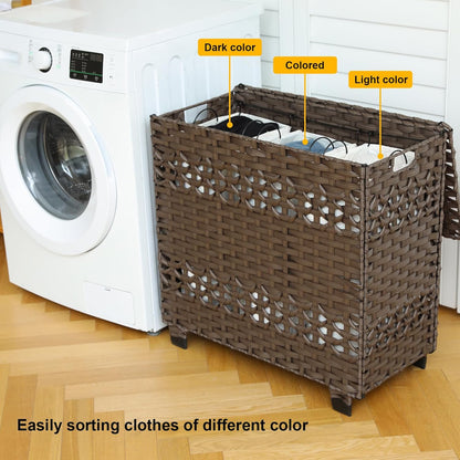OIAHOMY Laundry Hamper with Lid, 140L Clothes Hamper with 3 Removable Liner Bags, Foldable Basket with Lid, Synthetic Wicker Laundry Basket for Bedroom, 27x 13 x 26 Inches, Yellow