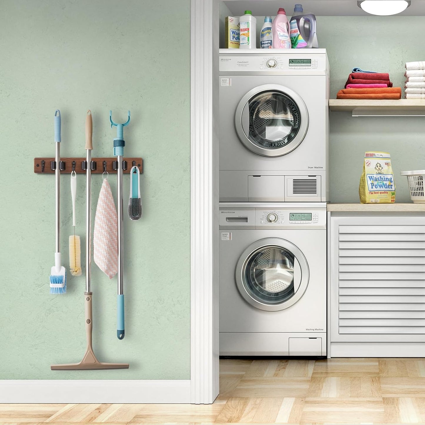 OUTNILI Mop and Broom Holder Wall Mount - Wood Broom Mop Hanger - Wall Mounted Garden Tool Rack Organizer for Closet Garage Laundry Room for Rustic Kitchen Decor With 5 Slots & 4 Hooks