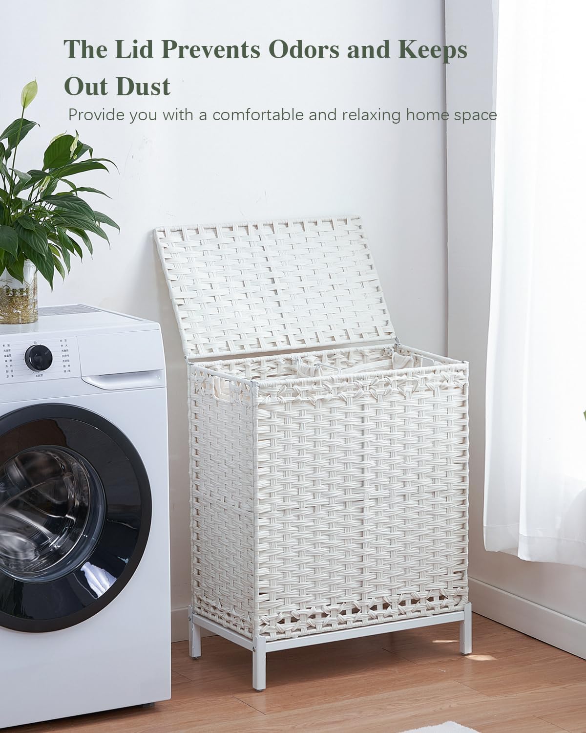 SETVSON Laundry Hamper with Lid 132 L, (35 Gallons) Clothes Hamper with Lid, Handwoven Rattan Laundry Hamper with Metal Heightened Feet, Laundry Hampers with 3 Removable Liner Bags for Laundry-Natural