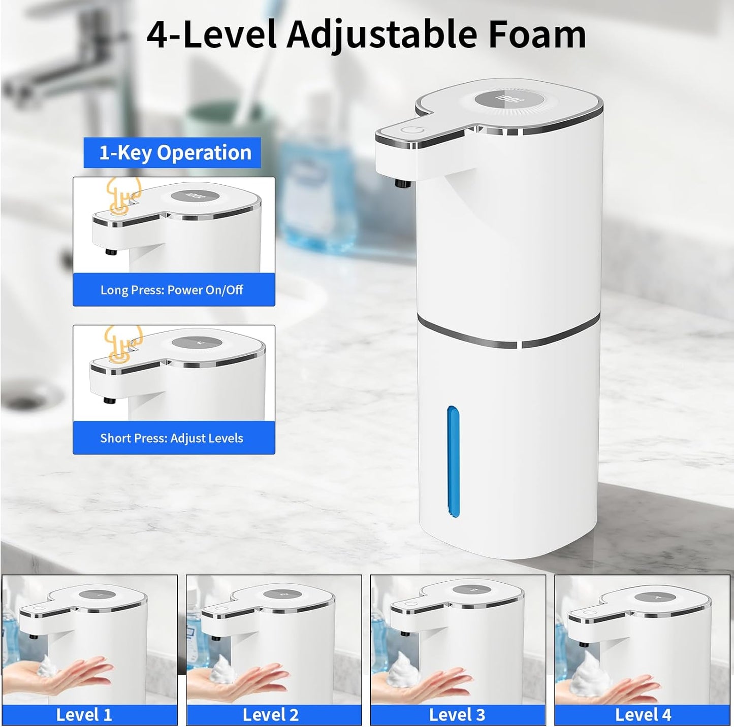Automatic Foaming Soap Dispenser, Touchless Rechargeable Hand Soap Dispenser, 4 Adjustable Levels, 1200mAh Battery, Large Display, for Kitchen & Bathroom (Black, Foaming)