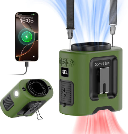 Socool 10000mAh Portable Waist Fan Clip on Wearable Belt Personal Fan Rechargeable Battery operated With 5 Speeds & Flashlight Neck Hands-Free 40H Cooling For Outdoor Camping Travel (Gray）