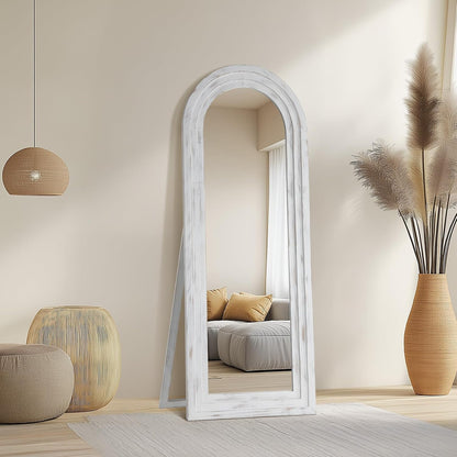 MELOMOIR Arched Full Length Mirror with Solid Wood Frame, 56"x21" Rustic Farmhouse Floor Mirror with Stand, Free Standing Leaning Hanging, for Bedroom Living Room Dressing Room Entryway, Brown