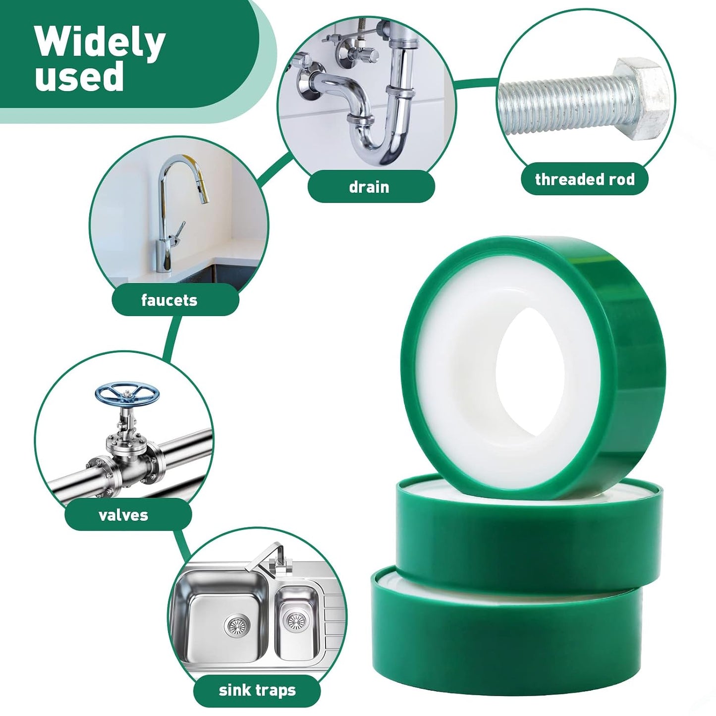 3 Roll Plumbers Tape, Teflon Water Pipe Sealing Tape, High-Density Thickening and Lengthen, High-Sealing Performance Waterproof Duct, Thread Seal, L 590 in x W 0.51 in. White