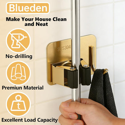 Mop and Broom Organizer Wall Hanging No Drill,Metal Utility Tool Hangers Wall Mountable,Garage Closet Organizer Heavy,Storage Rack Self Adhesive 2Pcs for Bathroom, Kitchen, Office,Laundry.Gold