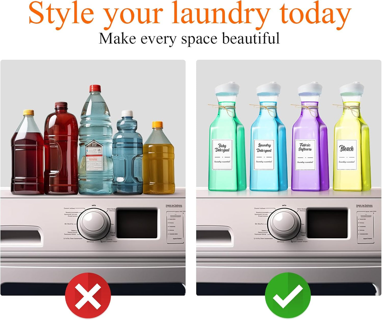 Hushee 4 Pcs Laundry Detergent Dispenser Bottle 51oz with Measure Cup Labels for Laundry Detergent Soap Fabric Softener Bleach Scent Booster Beads Bottle for Laundry Room Decor