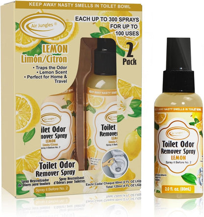 Air Jungles Toilet Poop Spray 2 Fl Oz (2 Pack), Lemon Scent Odor Eliminator | Spray Before No. 2 To Trap Bathroom Odors, 100 Uses Per Bottle, Portable Size For Travel, Home, Office & School