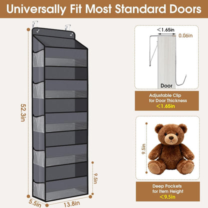 WISELIFE Over The Door Organizer Storage with 4 Large Pockets Door Hanging Organizer with Clear Windows behind The Door Storage for Nursery Bedroom Bathroom Pantry Closet and Baby Essentials Dark Grey