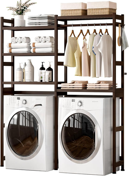 Cozivolife Over The Washer and Dryer Storage Shelf Bamboo,5 Tiers Laundry Room Drying Rack with Adjustable Shelves and 4 Hooks,Space Saver Organizer for Hanging Clothes and Towels (White)