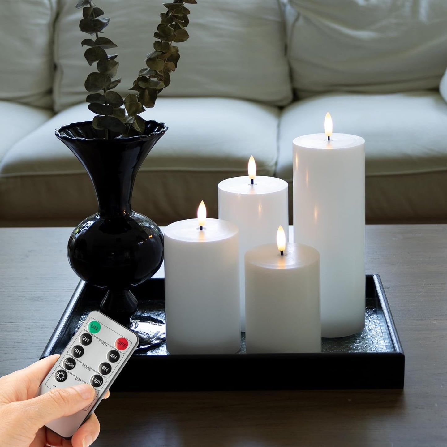 Flickering Flameless Candles, Real Wax Battery Operated Candles with Remote, Flat Top Led Flameless Pillar Candles for Home, Wedding, Party Decor, Set of 4, Φ 3" H 4" 5" 6" 8", Ivory