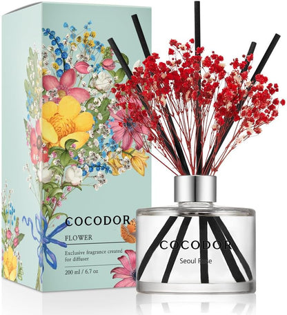 COCODOR Flower Reed Diffuser Set / 6.7oz / White Jasmine/Scent Diffuser with Sticks Home Fragrance Reed Diffuser for Bathroom Shelf Decor