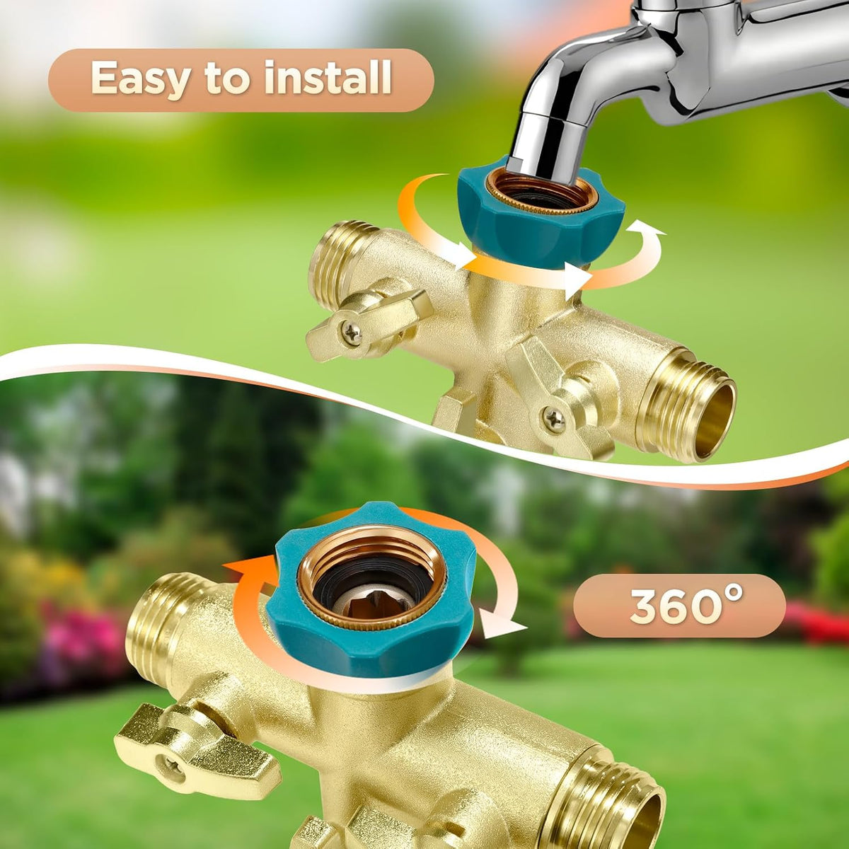 IPOW Upgrade Full Flow Garden Hose Splitter with Stainless Steel Handle, Brass Heavy Duty 2 Way Y Valve Garden Hose Splitter High Flow Spigot Splitter + 6 Rubber Hose Washers with Comfort Grip Use