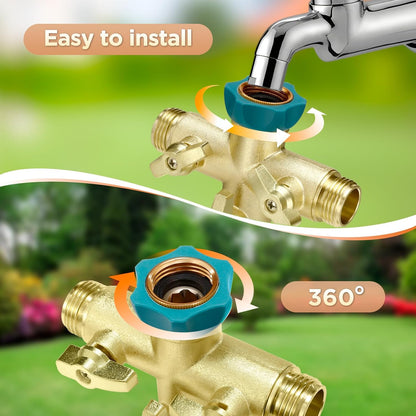 IPOW Upgrade Full Flow Garden Hose Splitter with Stainless Steel Handle, Brass Heavy Duty 2 Way Y Valve Garden Hose Splitter High Flow Spigot Splitter + 6 Rubber Hose Washers with Comfort Grip Use