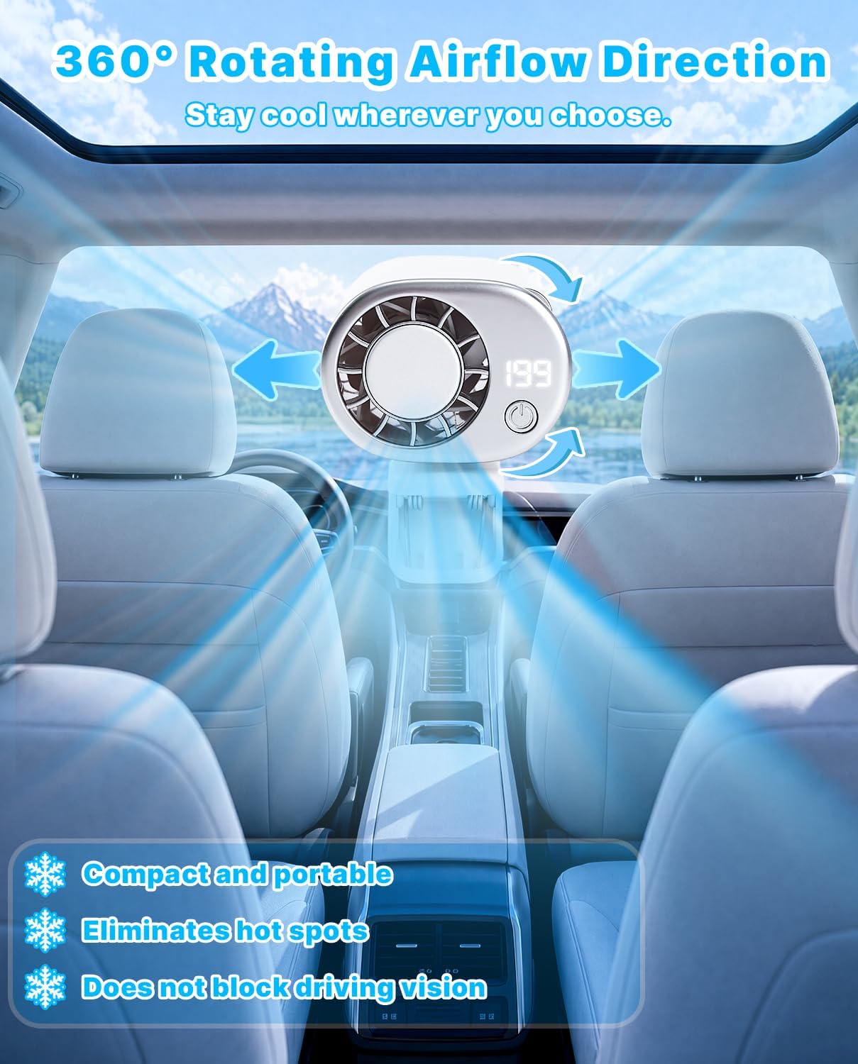 Car Clip on Cooling Fan with LED Display - 360° Rotation, 199 Speeds & Semi-Cooling Technology, 2000mah Rechargeable Personal Mini Fan, Portable Clip on Fans for Cars, Travel, Camping