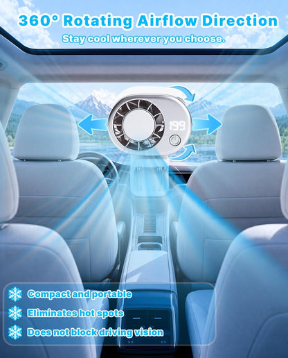 Car Clip on Cooling Fan with LED Display - 360° Rotation, 199 Speeds & Semi-Cooling Technology, 2000mah Rechargeable Personal Mini Fan, Portable Clip on Fans for Cars, Travel, Camping