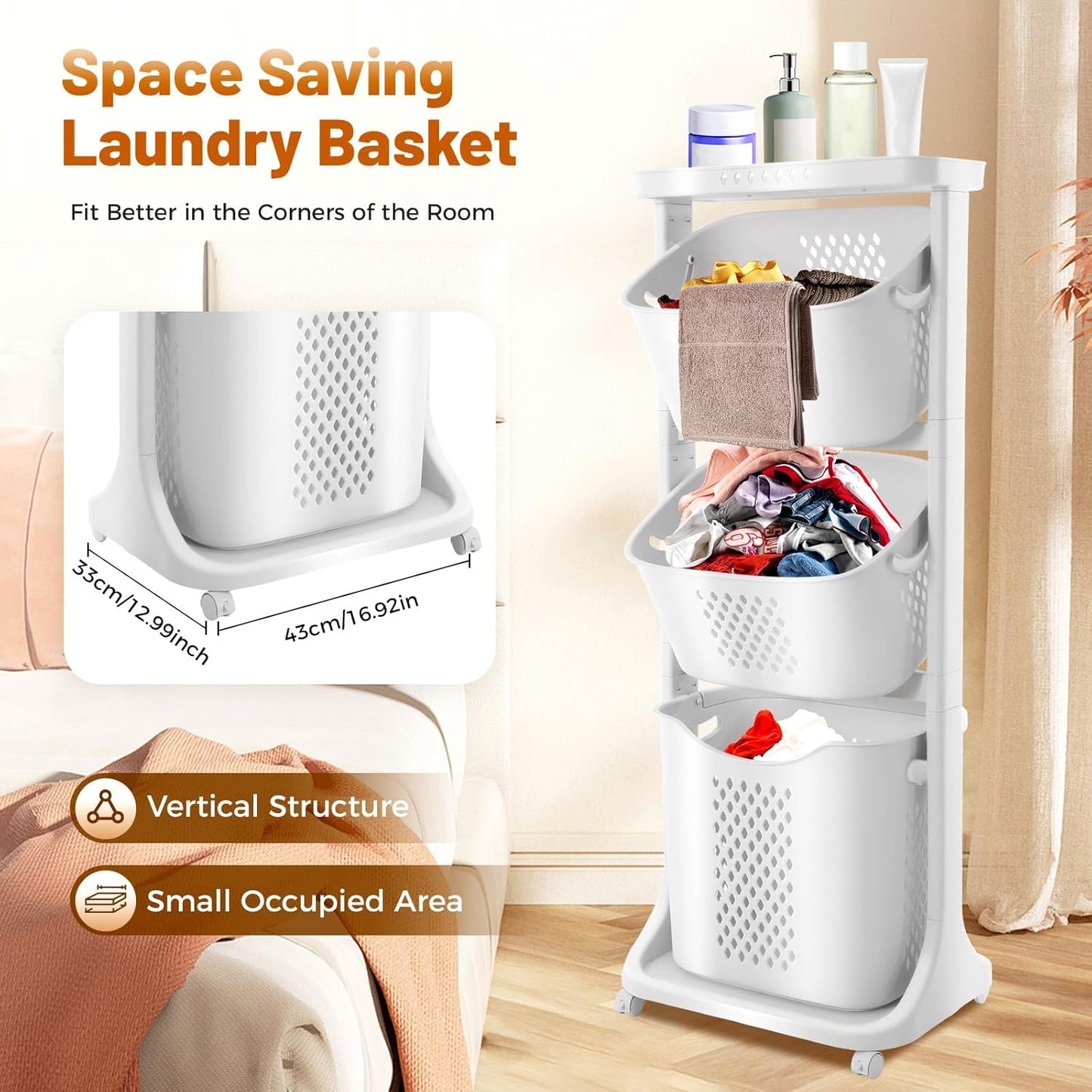 3 Tier Rolling Laundry Basket Vertical laundry hamper Sorter Cart with Wheels and Breaks Bathrooms Clothes Hamper 3 Section laundry organizer for Kitchens, Bedrooms, Laundry Rooms