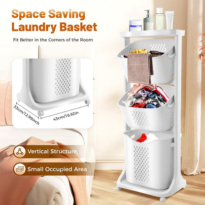 3 Tier Rolling Laundry Basket Vertical laundry hamper Sorter Cart with Wheels and Breaks Bathrooms Clothes Hamper 3 Section laundry organizer for Kitchens, Bedrooms, Laundry Rooms