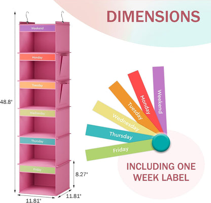 YOUDENOVA 6-Shelf Weekly Hanging Closet Organizer, Weekly Clothes Organizers for Kids with 2 Side Pockets, Pink
