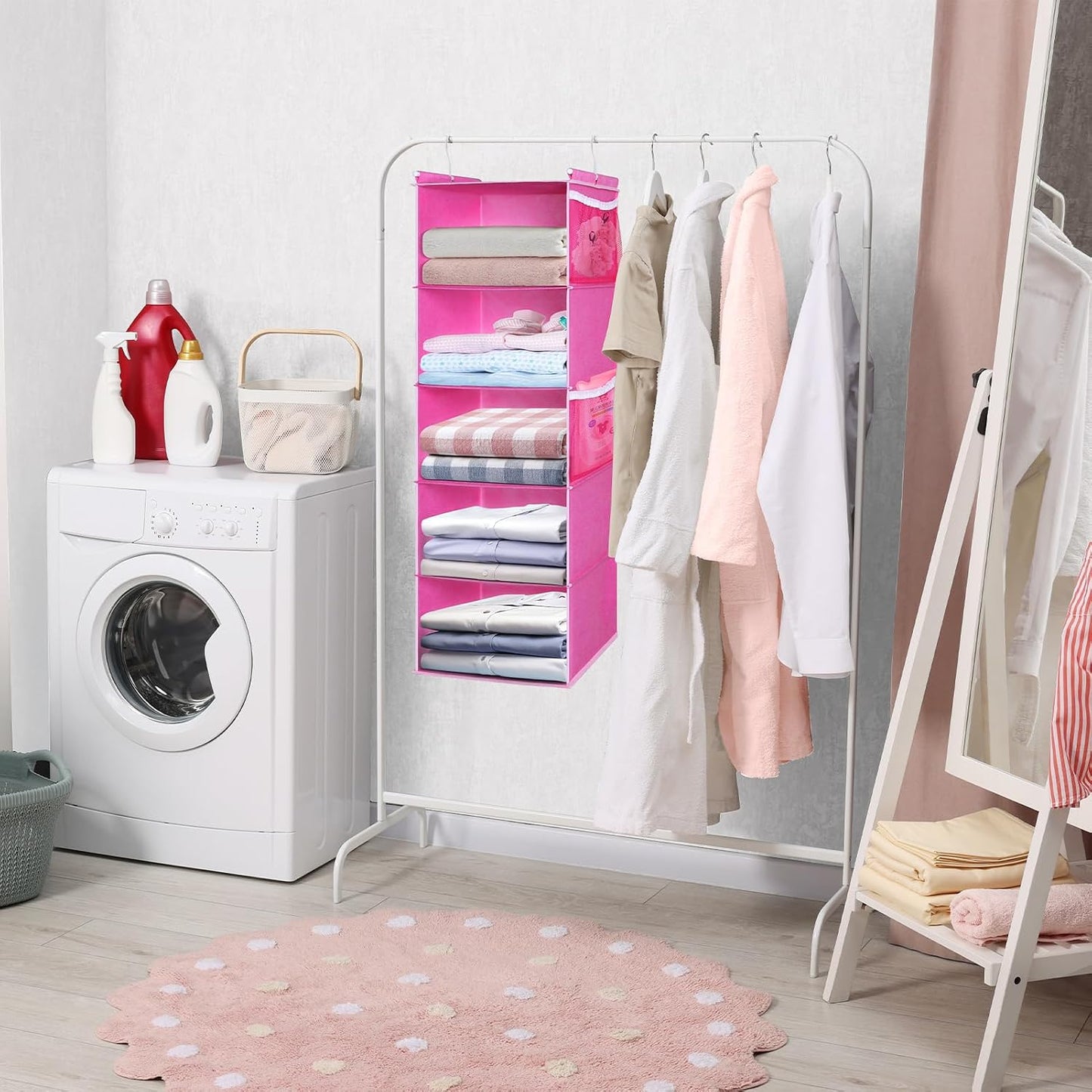 MAX Houser 4-Shelf Hanging Closet Organizer, Space Saver, Cloth Hanging Shelves with 2 Side Pockets, Foldable (Beige)