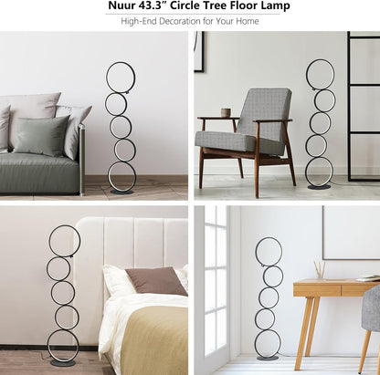 NUÜR Modern 5-Ring LED Floor Lamp, 43.3" Artistic Nesting Circle Standing Lamp, Stepless Dimmable Sculptural Accent Light for Living Room, Bedroom & Office, Minimalist Geometric Decor