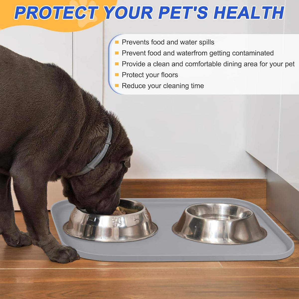 SMILOOL Silicone Pet Food Mat with Raised Edge for Food and Water Bowl, Dog Feeding Mats, Cat Food Trays for Floor Waterproof, Rubber Tray for Dogs and Cats, 19 x 12 x 0.7 Black