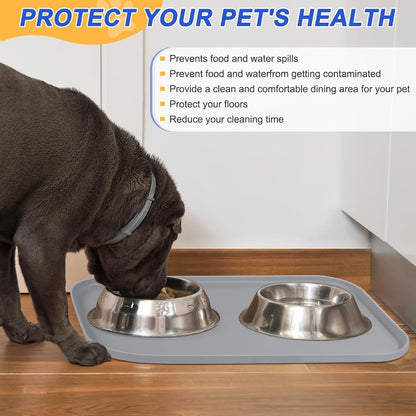 SMILOOL Silicone Pet Food Mat with Raised Edge for Food and Water Bowl, Dog Feeding Mats, Cat Food Trays for Floor Waterproof, Rubber Tray for Dogs and Cats, 19 x 12 x 0.7 Black