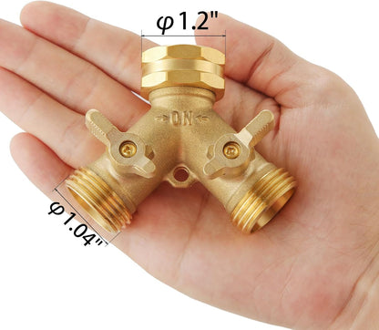 Garden Hose Splitter 2 Way Heavy Duty, Outdoor Faucet Splitter 2 Way, Solid Brass Spigot Splitter Hose Y Splitter with Shutoff Valve