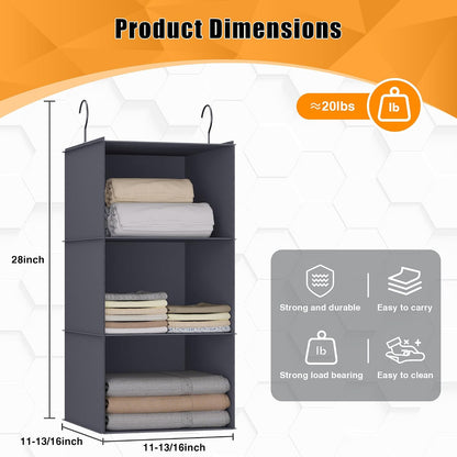 Hanging Closet Organizer 3-Shelf, Oxford Fabric Wardrobe Storage, Gray | Easy-mount foldable design holds clothes, handbags, shoes & accessories; washable Oxford fabric, sturdy and space-saving.