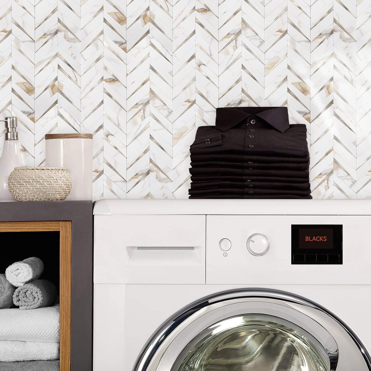 STICKGOO 10-Sheet Herringbone Tile Peel and Stick Backsplash, Beige Mixed Metal Gold PVC Stick on Backsplash, Self Adhesive Wall Tile for Kitchen and Bathroom