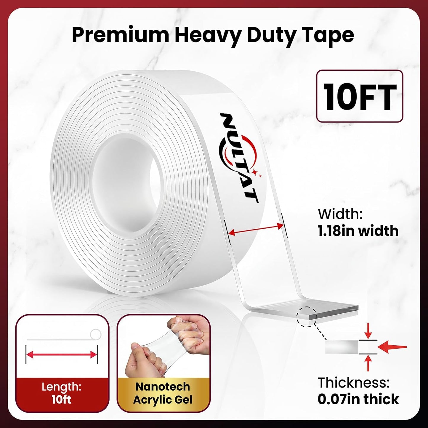 NULTAT Double Sided Tape Heavy Duty, Nano Reusable, Removable, Washable Double Stick Tape for Wall, Multipurpose Clear Adhesive High Temperature Tape 1.18" x 120"(10 Feet)