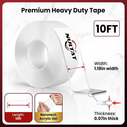 NULTAT Double Sided Tape Heavy Duty, Nano Reusable, Removable, Washable Double Stick Tape for Wall, Multipurpose Clear Adhesive High Temperature Tape 1.18" x 120"(10 Feet)