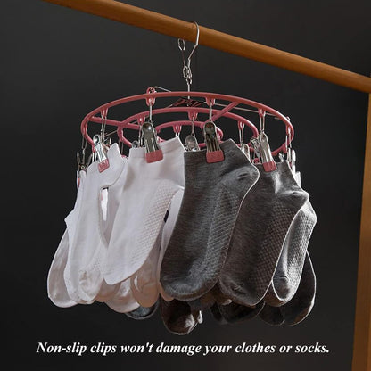 Stainless Steel Clothes Sock Drying Rack with 24 Clips, Swivel Hook Windproof Clothes Hanger Rack for Sock, Bras, Towel, Underwear, Laundry Clothes, Hat, Scarf, Pants, Gloves (Pink Clips)